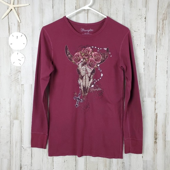 Wrangler Tops - Wrangler Thermal Graphic Long Sleeve Tee Shirt Maroon Medium